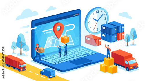 Global Logistics and Online Delivery Service Illustration with Laptop, Cargo Containers, and Shipping Trucks