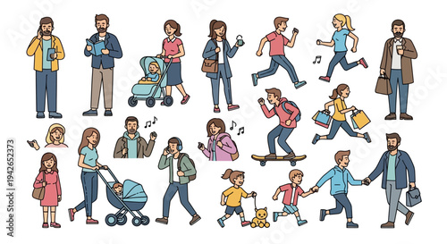 Lively group of diverse people engaging in various urban activities, including walking, running, skateboarding, and pushing strollers, in a vibrant city setting.