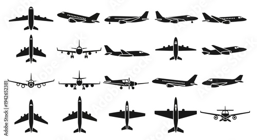 Set of diverse black silhouette airplane icons from various angles and models, on an isolated white background.