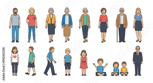Diverse group of people of all ages, including children, adults, and seniors, standing, walking, and sitting, on an isolated white background.