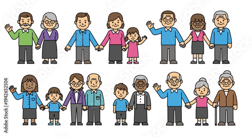 Diverse multi-generational families including parents, children, and grandparents standing together happily on isolated white background.