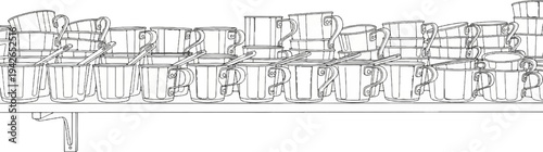 A collection of metallic cups and saucers neatly arranged on a shelf