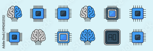 AI processor chip and brain microchip icons – Ideal for hardware tech, computer engineering, or cyber security.