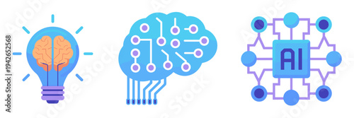 Artificial intelligence idea and circuit icons – Perfect for creative tech, brain research, or digital marketing.