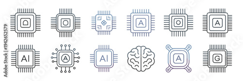Modern AI chip and circuit board icons – Suitable for tech innovation, computer parts, or digital branding.