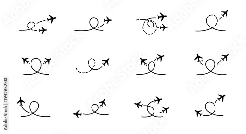 Set of airplane flight path and travel route icons depicting dotted lines and curved trajectories on isolated white background.