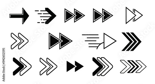Collection of diverse black right-pointing arrows and forward navigation icons in various styles on isolated white background.
