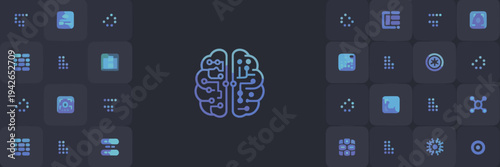 Futuristic digital UI and neural network icons – Suitable for advanced technology, cyber security, or apps.