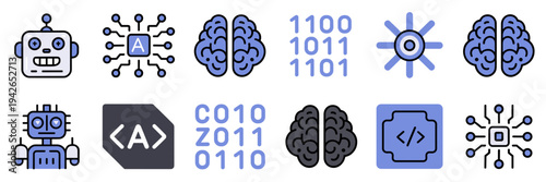 Programming robot and AI coding icons – Suitable for software engineering, tech education, or app UI.