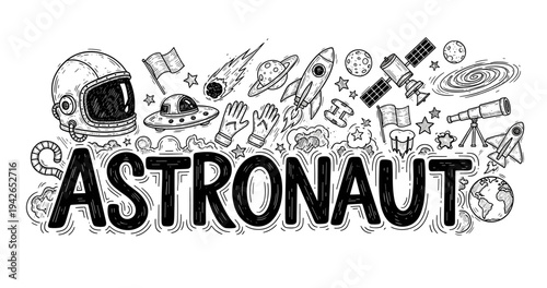 Astronaut doodle art with space elements and cosmic illustrations