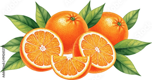 Watercolor-style oranges with green leaves and slices