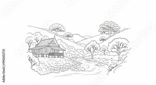 A hand-drawn sketch of a traditional dwelling nestled beside a flowing river