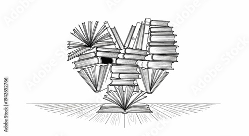 A heart shape formed by stacked books on a wooden surface