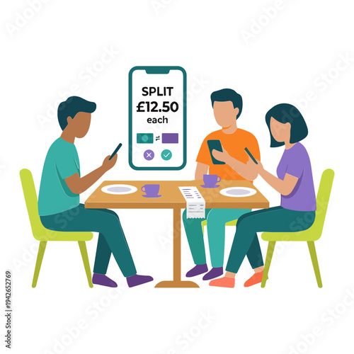 People sitting at table splitting bill on phone apps
