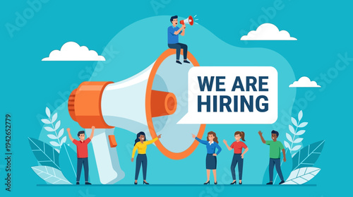 We Are Hiring Concept Illustration with Large Megaphone and Diverse Team for Recruitment and Job Vacancy Announcement
