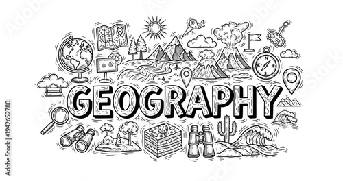 Hand-drawn geography elements: maps, mountains, symbols, and nature