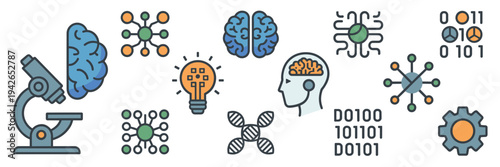 Microscope brain and AI innovation icons – Perfect for medical tech, science education, or digital design.