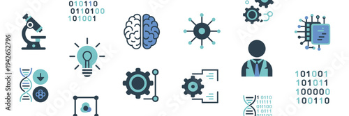 AI research and lab innovation icons – Ideal for scientific technology, future research, or tech branding.