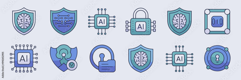 Obraz premium Cybersecurity AI and encrypted data icons – Suitable for IT security, web protection, or software.