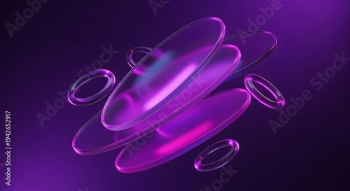 Abstract floating 3d purple glass disks and rings with glowing neon reflections on dark violet background