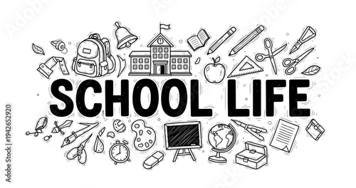 Illustrated school life: educational tools and supplies with doodled school building