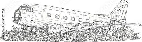 A damaged, old airplane lies broken and abandoned amidst a heap of scrap metal and debris