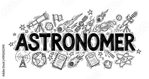 Astronomer doodle art with space icons and celestial elements in black and white