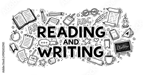 Reading and writing elements in hand-drawn doodle style with books and stationery