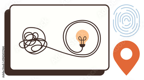 Innovation, creative thinking, solutions, identity verification, navigation, problem-solving. Tangled line leading to light bulb, fingerprint and map marker icons. Innovation and creative thinking