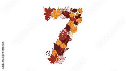 A beautiful autumn-themed number seven, intricately formed from a variety of colorful fall leaves, including maple and oak, perfect for seasonal typography.