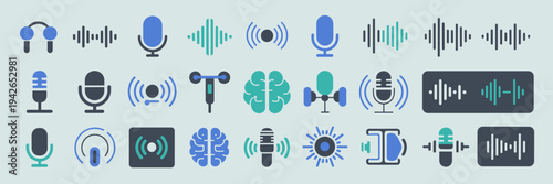 AI voice recognition and sound wave icons – Great for podcasting tech, music apps, or audio tools.