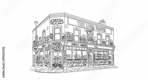A line drawing of a corner building with extensive graffiti covering its walls and windows