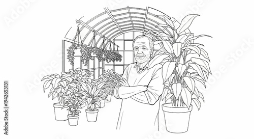 A man stands in a greenhouse surrounded by lush potted plants and hanging greenery