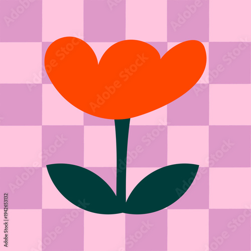 Heart Shaped Flower on Pink Checkered Background – Minimal Flat Illustration
