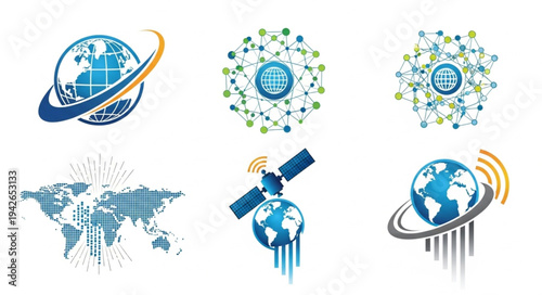 Global Network and Communication Logos - Earth, Satellite, and World Map Designs.