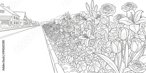 A quaint street lined with houses and a vibrant flower bed