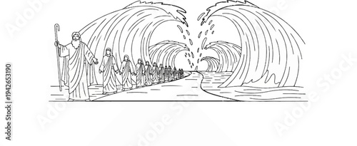 A man parts the sea, allowing people to cross on a dry path between towering waves