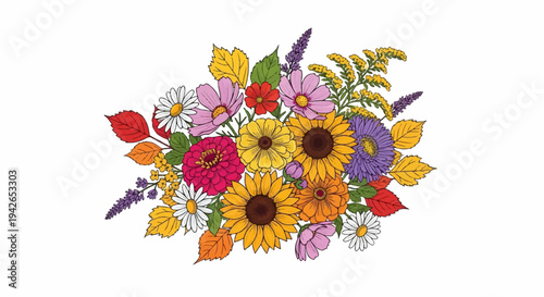 Vibrant bouquet of assorted flowers and autumn leaves