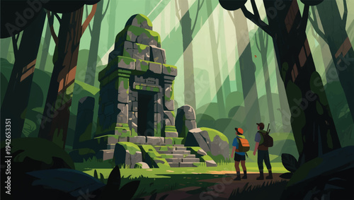 Illustration Of An Adventurer Discovering An Ancient Temple Hidden In The Middle Of A Dense Forest Vector Design Template
