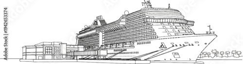 A large cruise ship docked at a terminal with palm trees in the background