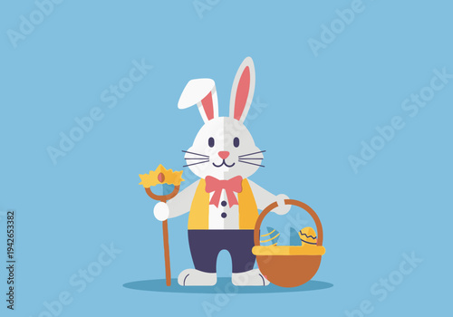 A cartoon Easter bunny holding a basket and candy in a colorful spring scene
