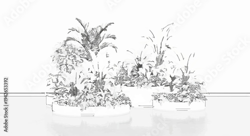 Abstract line drawing of potted plants on a reflective surface