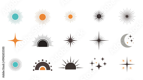 Retro mid-century modern vector icon set of suns stars and moon in minimalist geometric style for boho branding and celestial design