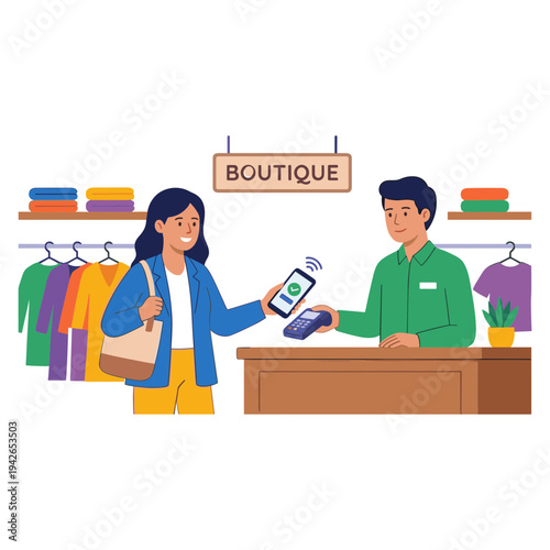 Woman making contactless payment to shopkeeper at boutique counter