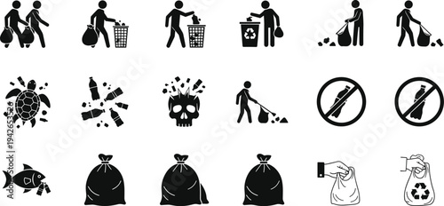 Waste management and recycling icon set, garbage disposal symbols, environmental cleanliness and trash sorting vector collection