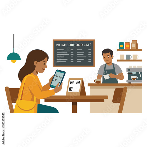 Woman orders coffee from barista at modern cafe interior