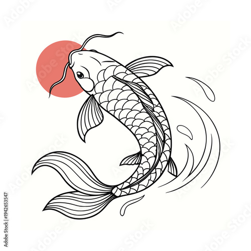 Vector koi fish illustration with sun, Japanese style tattoo design