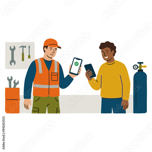Two men compare phones in a workshop with tools and equipment.