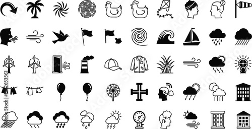 weather and nature icons collection, wind rain storm cloud temperature direction environment climate symbols vector illustration set