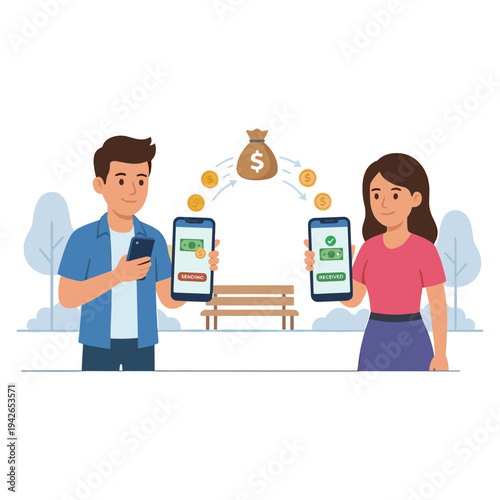 Man and woman exchange money through mobile phones in a park.